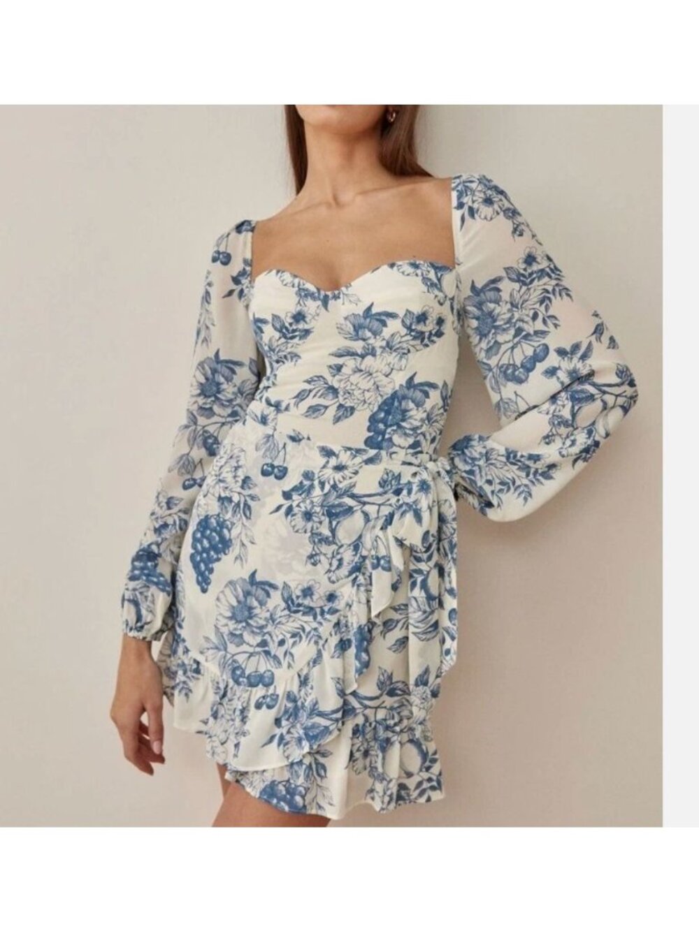 Reformation Cammi ruffled mini dress, blue, white floral, smocked back, S6